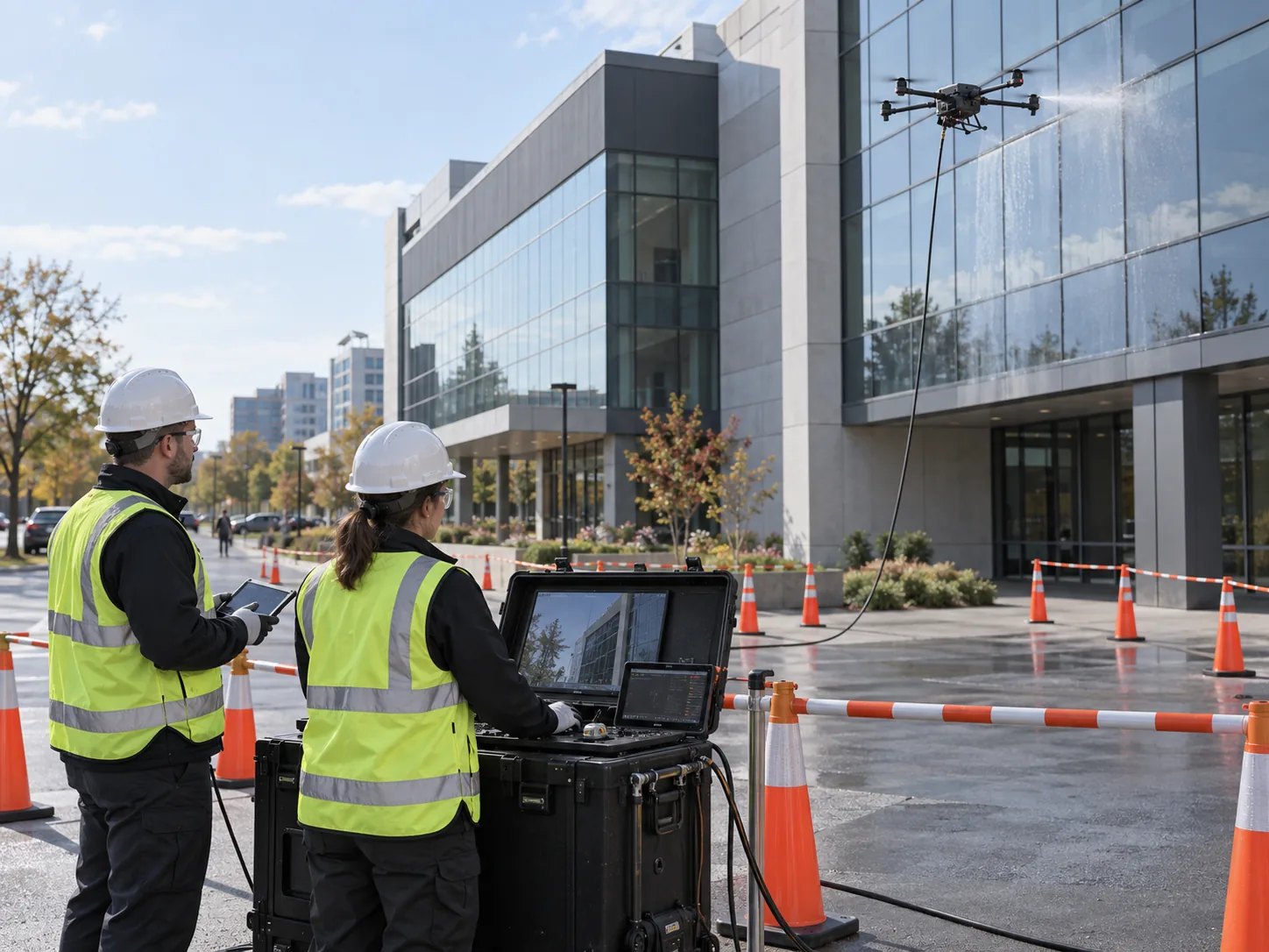 A supervised drone cleaning operation with trained operators, a controlled work area, and ground equipment