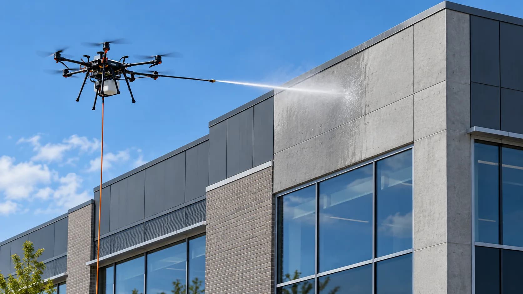 A cleaning drone washing the upper concrete facade of a modern commercial building