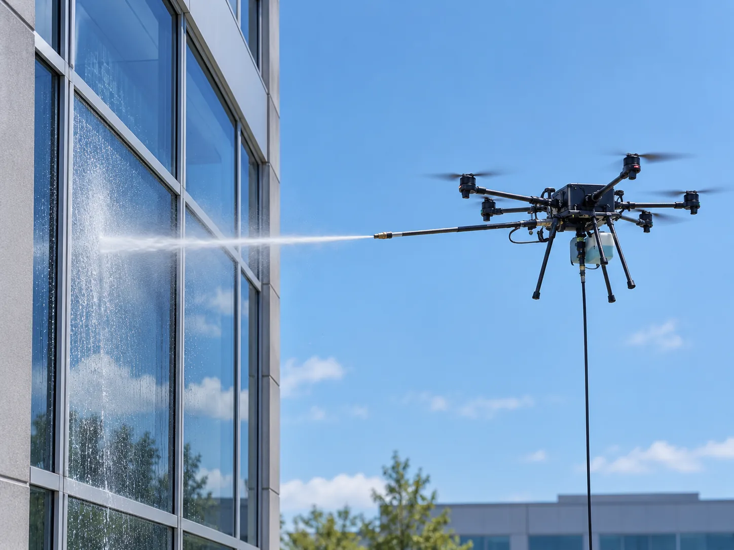 A cleaning drone applying water to elevated exterior windows on a commercial building
