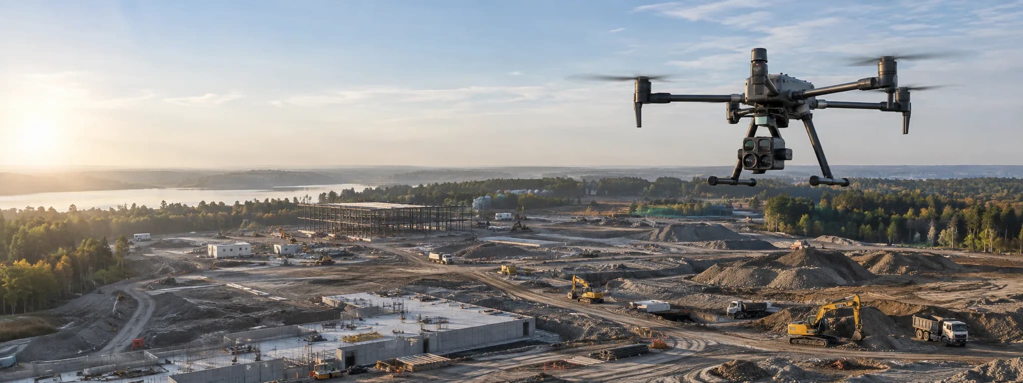 Drone flying above a large active construction and earthworks site