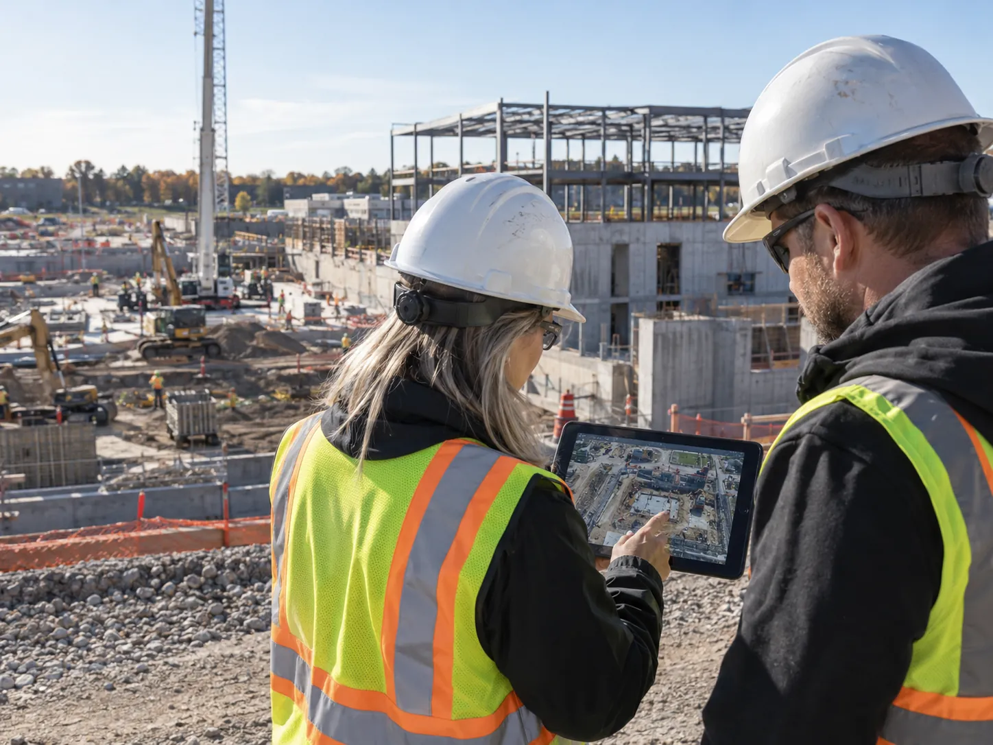 Construction professionals reviewing current aerial site information on a tablet