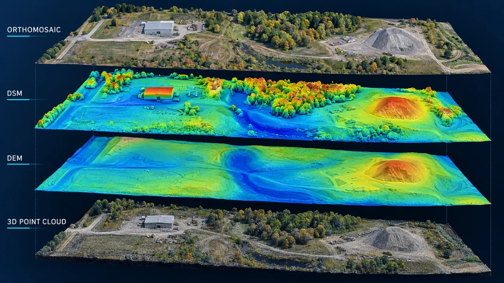 Layered terrain visualization showing an orthomosaic, surface model, terrain model, and point cloud